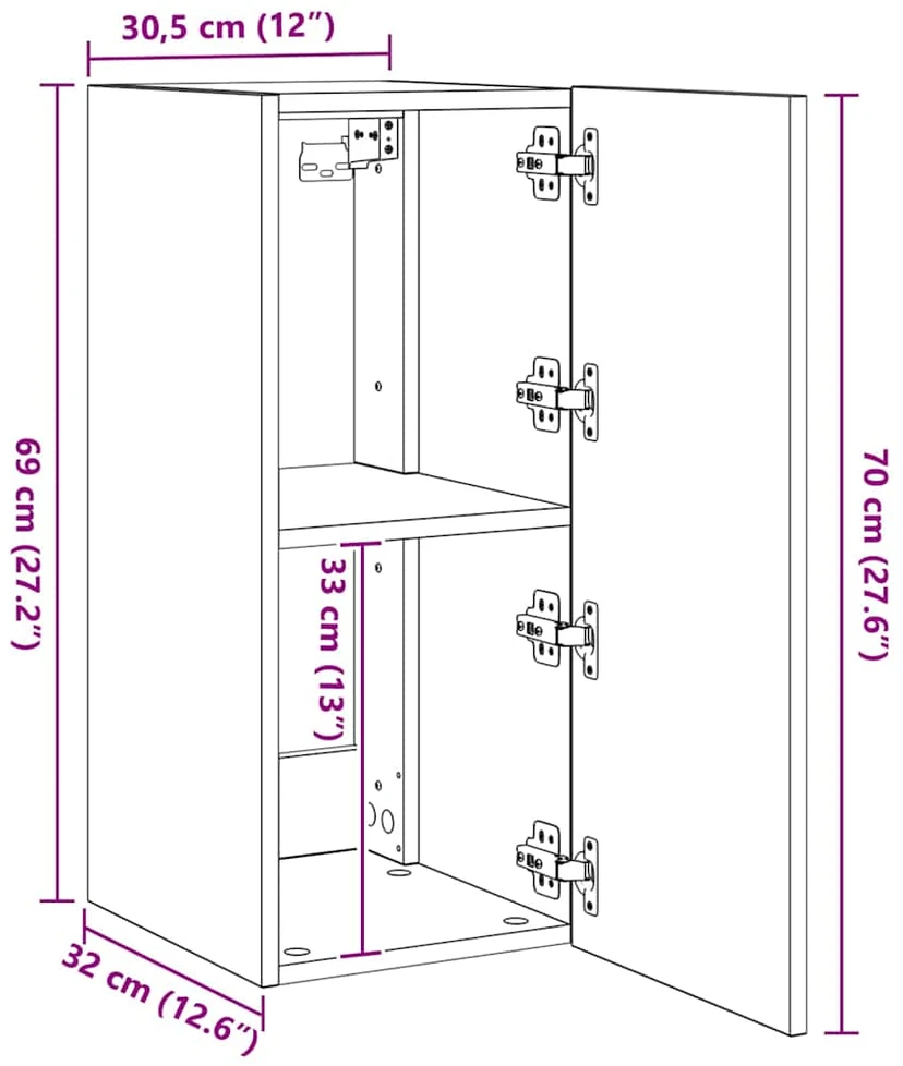 TV staliukas Sieninė TV spintelė su LED lemputėmis, betono, 30,5x35x70cm