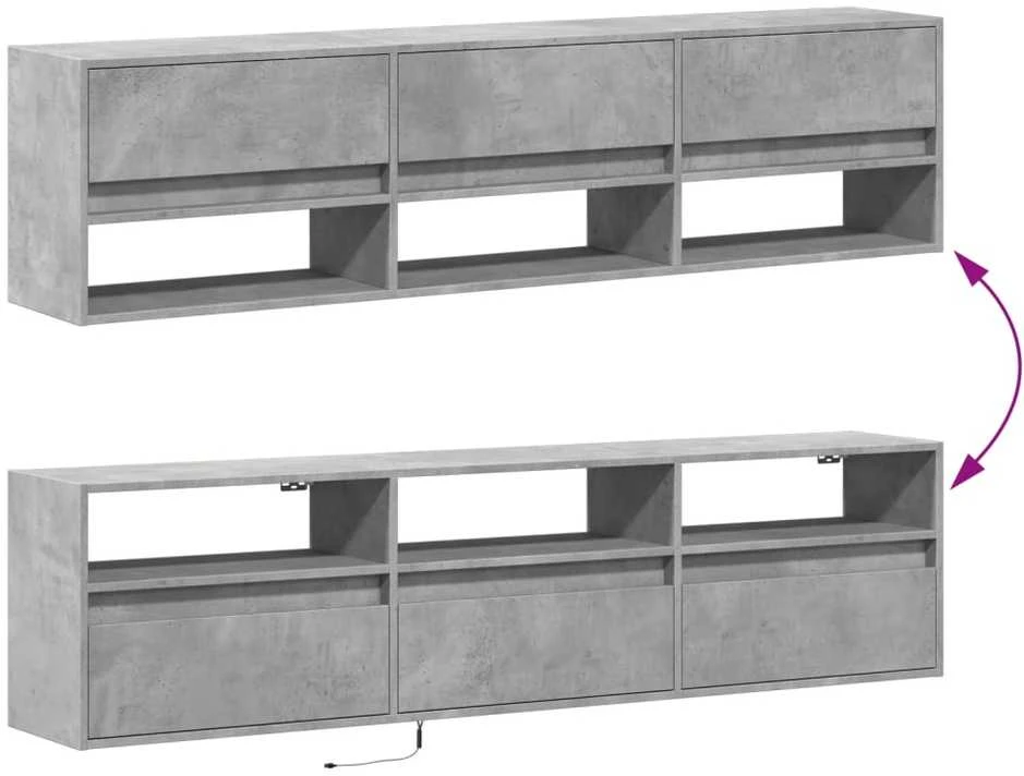 TV staliukas Sieninė TV spintelė su LED lemputėmis, betono, 180x31x45cm