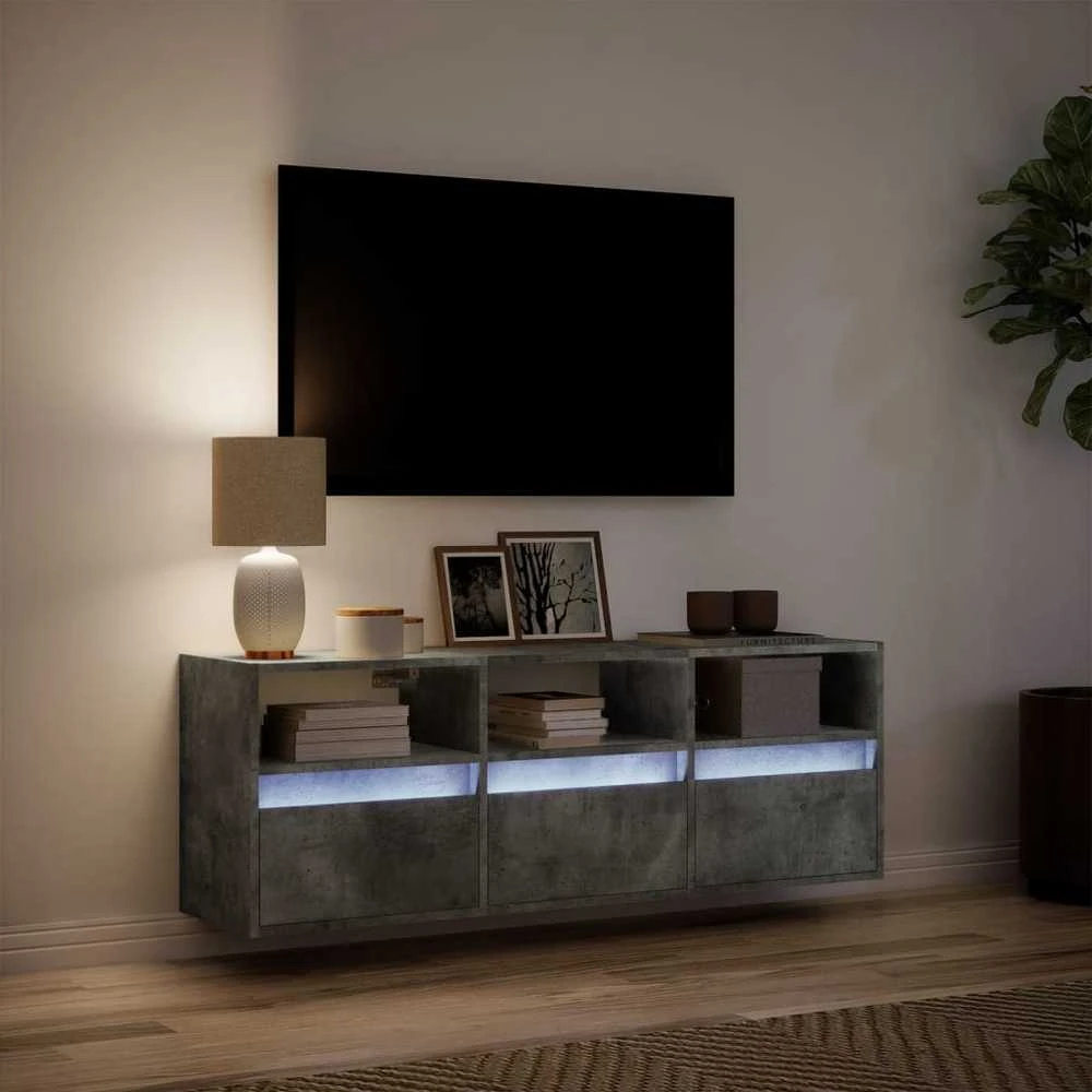 TV staliukas Sieninė TV spintelė su LED lemputėmis, betono, 130x31x45 cm