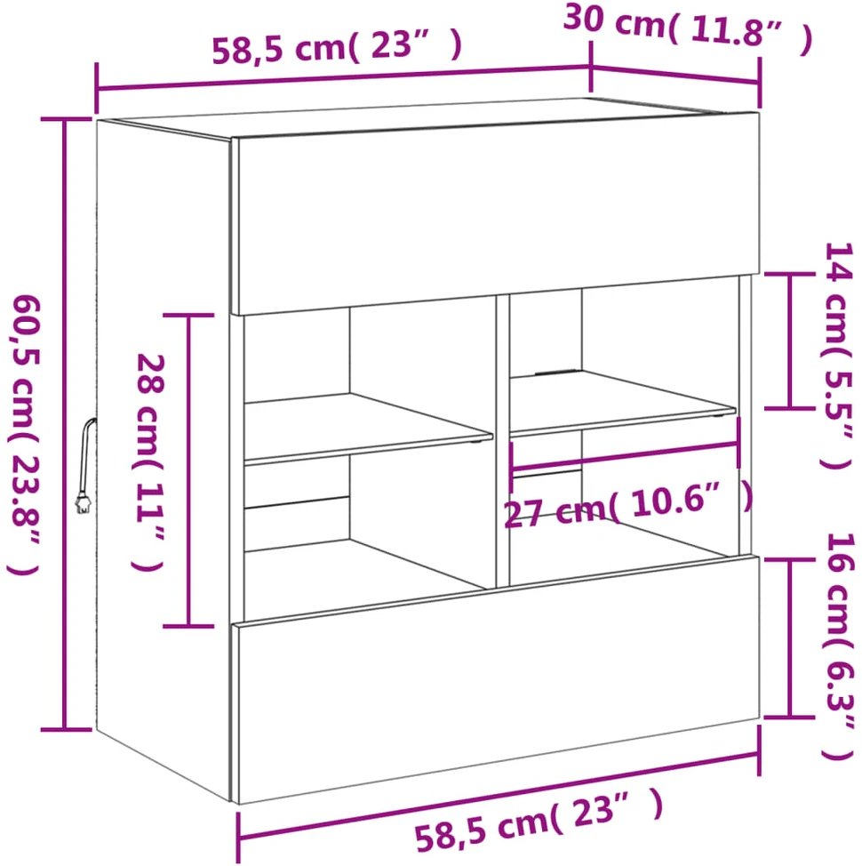 TV staliukas Sieninė TV spintelė su LED lemputėmis, betono, 58,5x30x60,5cm
