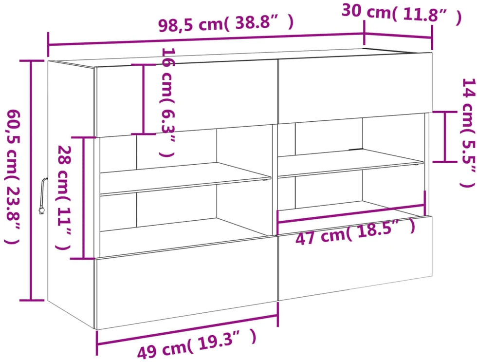 TV staliukas Sieninė TV spintelė su LED lemputėmis, betono, 98,5x30x60,5cm