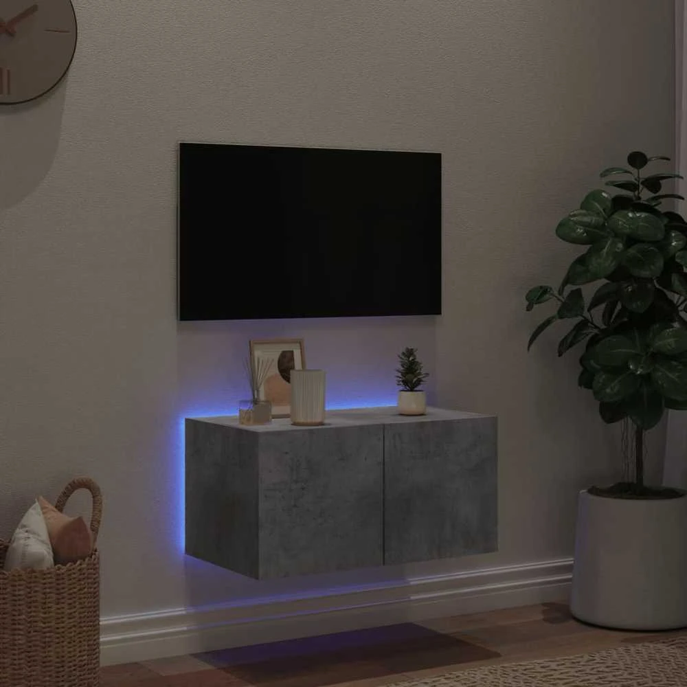 TV staliukas Sieninė TV spintelė su LED lemputėmis, betono pilka, 60x35x31cm