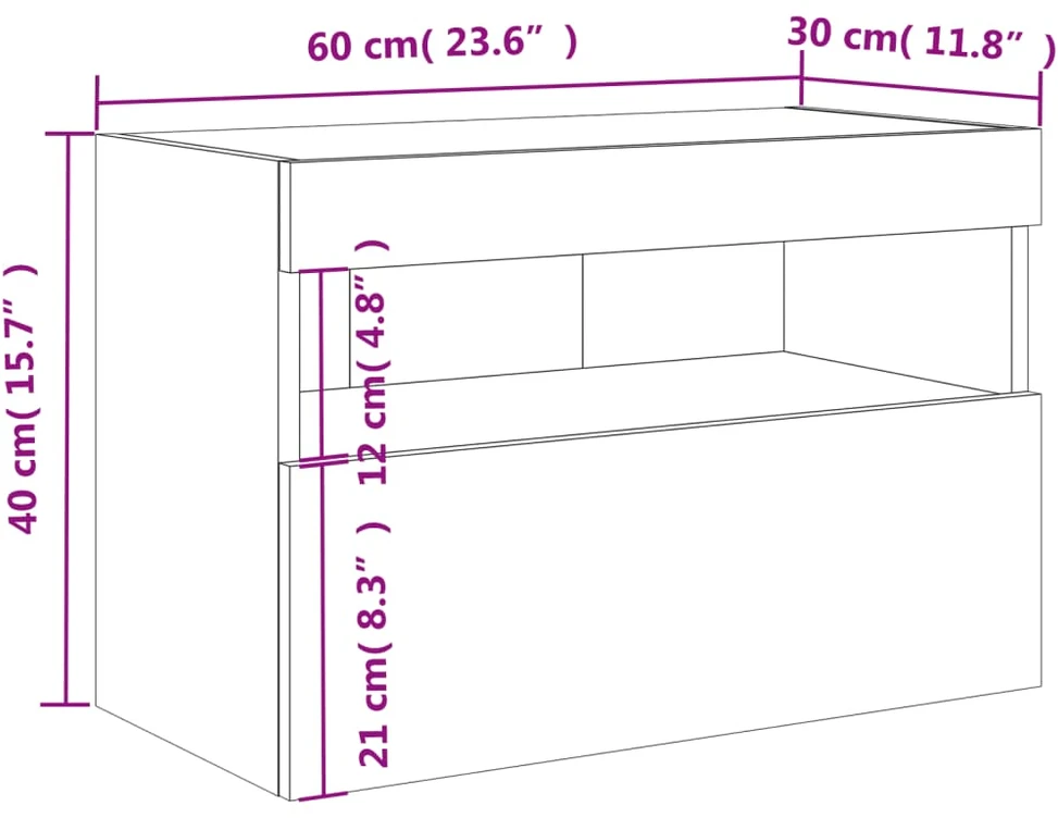 TV staliukas Sieninė TV spintelė su LED lemputėmis, betono pilka, 60x30x40cm