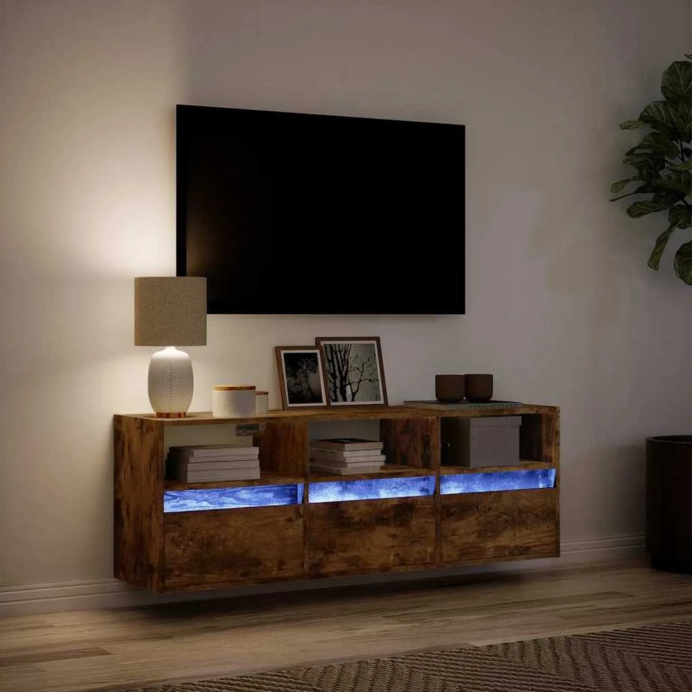 TV staliukas Sieninė TV spintelė su LED lemputėmis, dūminė, 130x31x45 cm