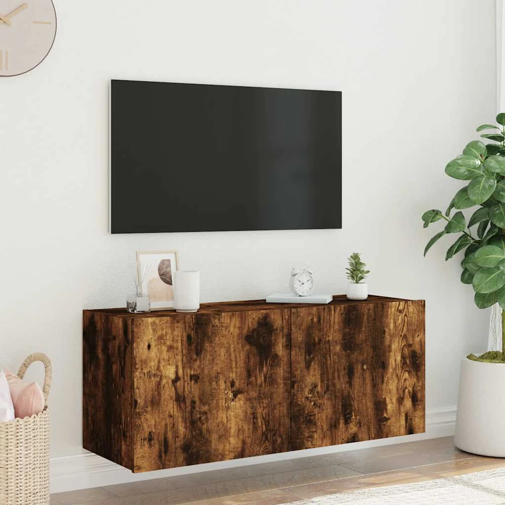 TV staliukas Sieninė TV spintelė su LED lemputėmis, dūminė, 100x35x41cm