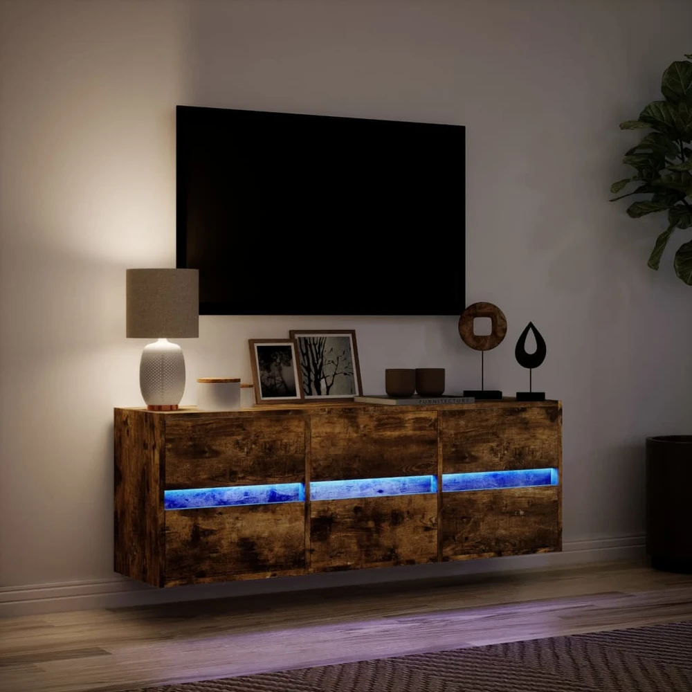 TV staliukas Sieninė TV spintelė su LED lemputėmis, dūminė, 130x31x45 cm