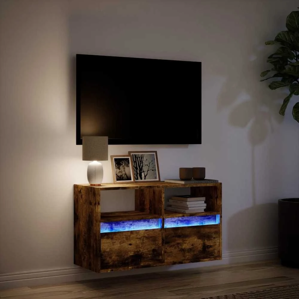 TV staliukas Sieninė TV spintelė su LED lemputėmis, dūminė, 80x31x45cm