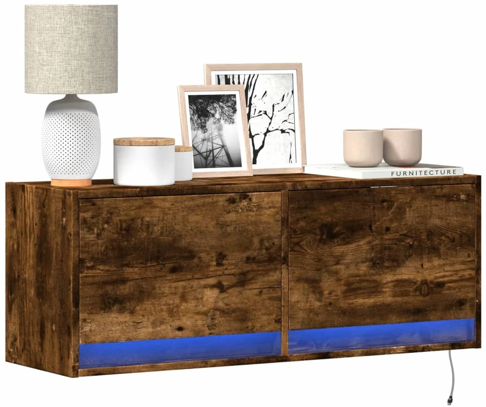 TV staliukas Sieninė TV spintelė su LED lemputėmis, dūminė, 100x31x35cm