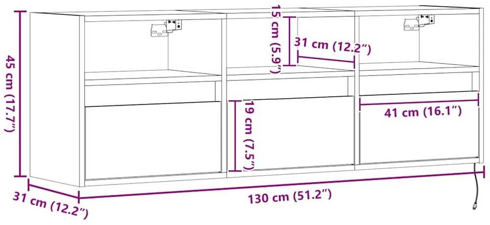 TV staliukas Sieninė TV spintelė su LED lemputėmis, dūminė, 130x31x45 cm