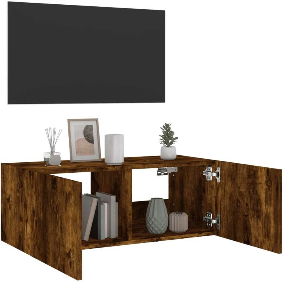 TV staliukas Sieninė TV spintelė su LED lemputėmis, dūminė, 80x35x31cm