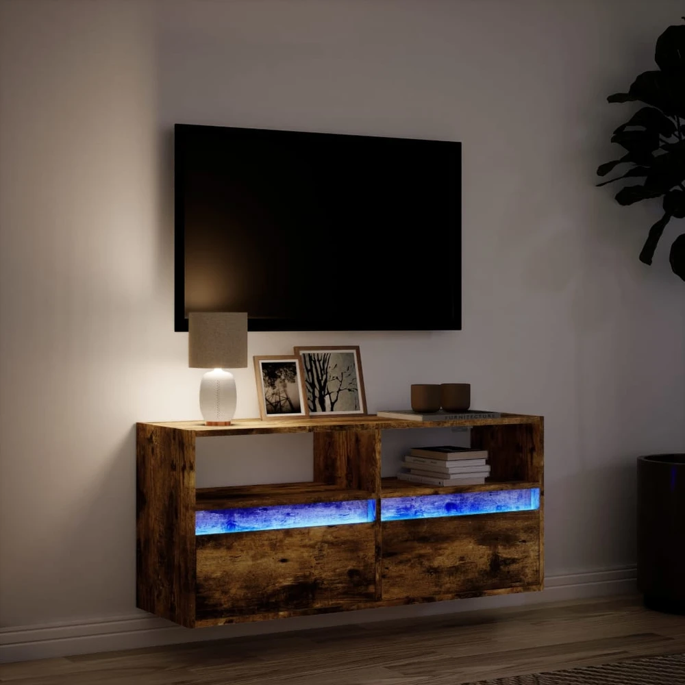 TV staliukas Sieninė TV spintelė su LED lemputėmis, dūminė, 100x31x45cm