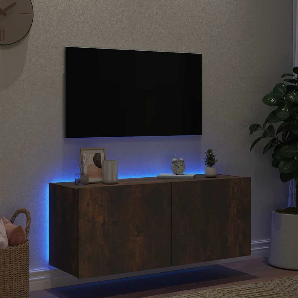 TV staliukas Sieninė TV spintelė su LED lemputėmis, dūminė, 100x35x41cm