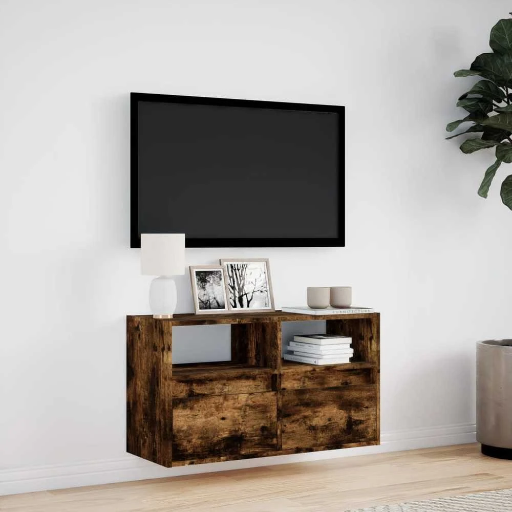 TV staliukas Sieninė TV spintelė su LED lemputėmis, dūminė, 80x31x45cm