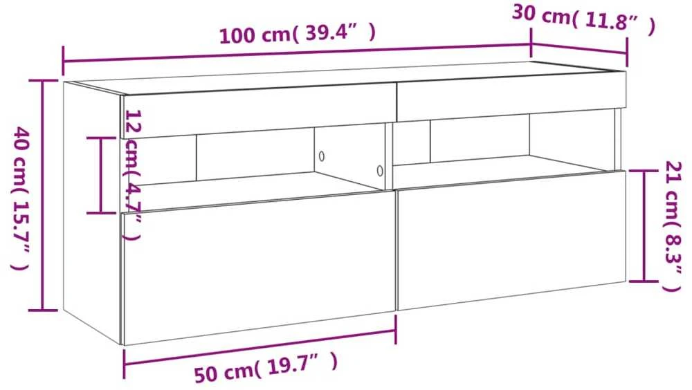 TV staliukas Sieninė TV spintelė su LED lemputėmis, dūminė, 100x30x40cm