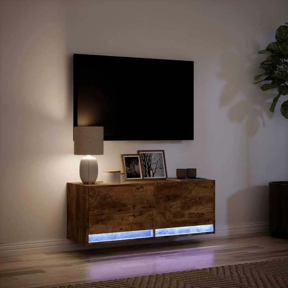 TV staliukas Sieninė TV spintelė su LED lemputėmis, dūminė, 100x31x35cm