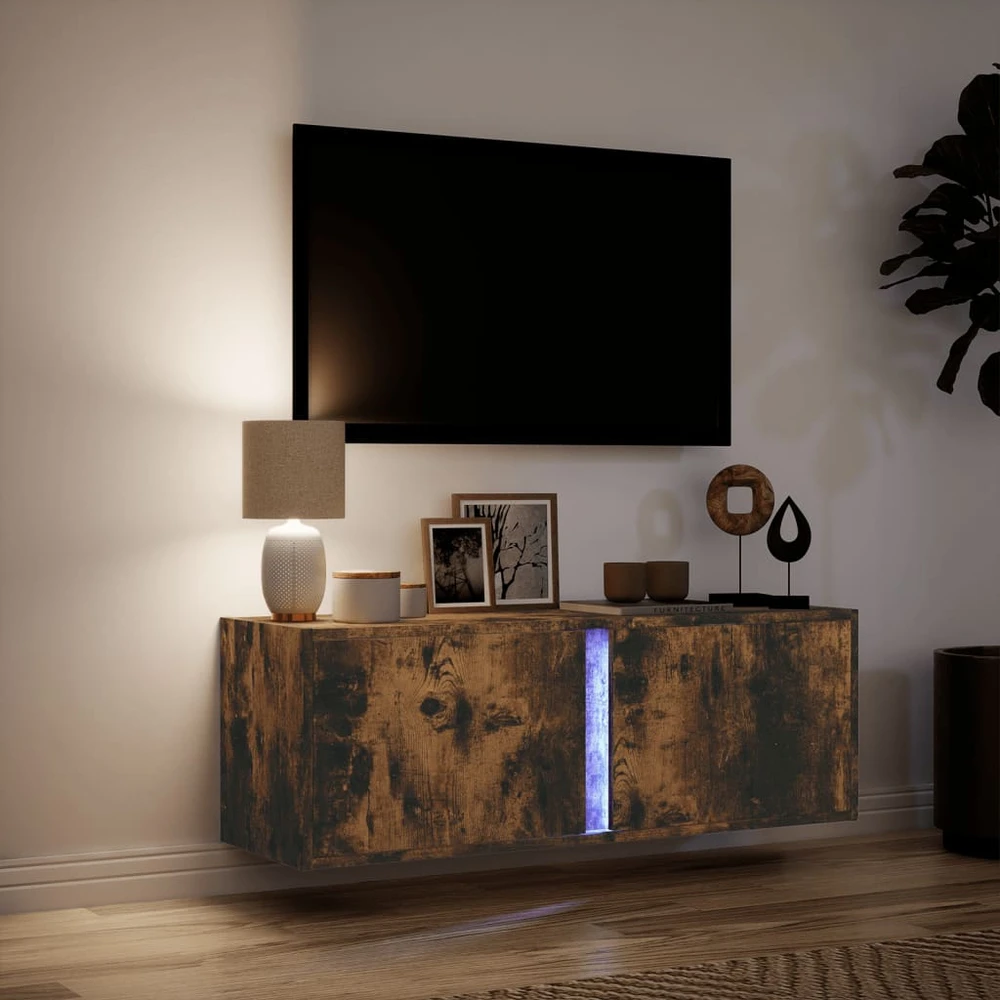 TV staliukas Sieninė TV spintelė su LED lemputėmis, dūminė, 100x31x35cm
