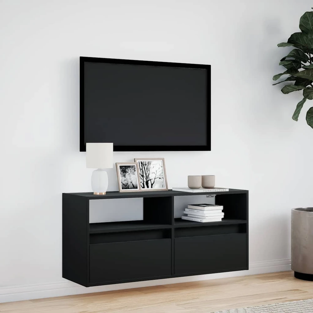 TV staliukas Sieninė TV spintelė su LED lemputėmis, juoda, 100x31x45cm