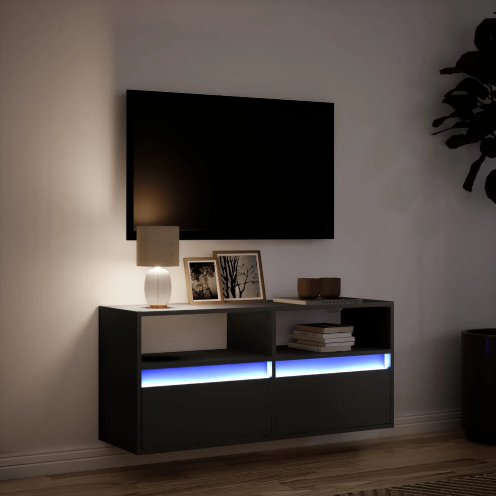 TV staliukas Sieninė TV spintelė su LED lemputėmis, juoda, 100x31x45cm