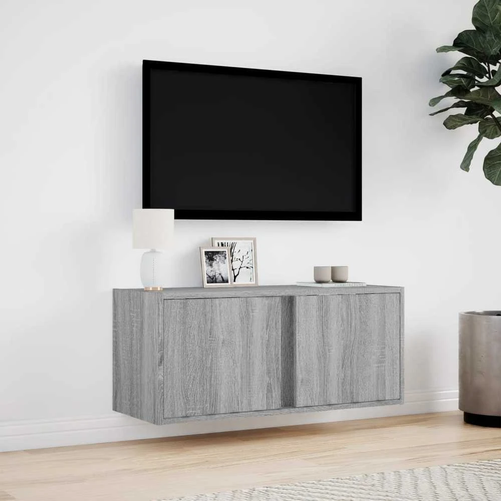 TV staliukas Sieninė TV spintelė su LED lemputėmis, pilka, 80x31x35cm