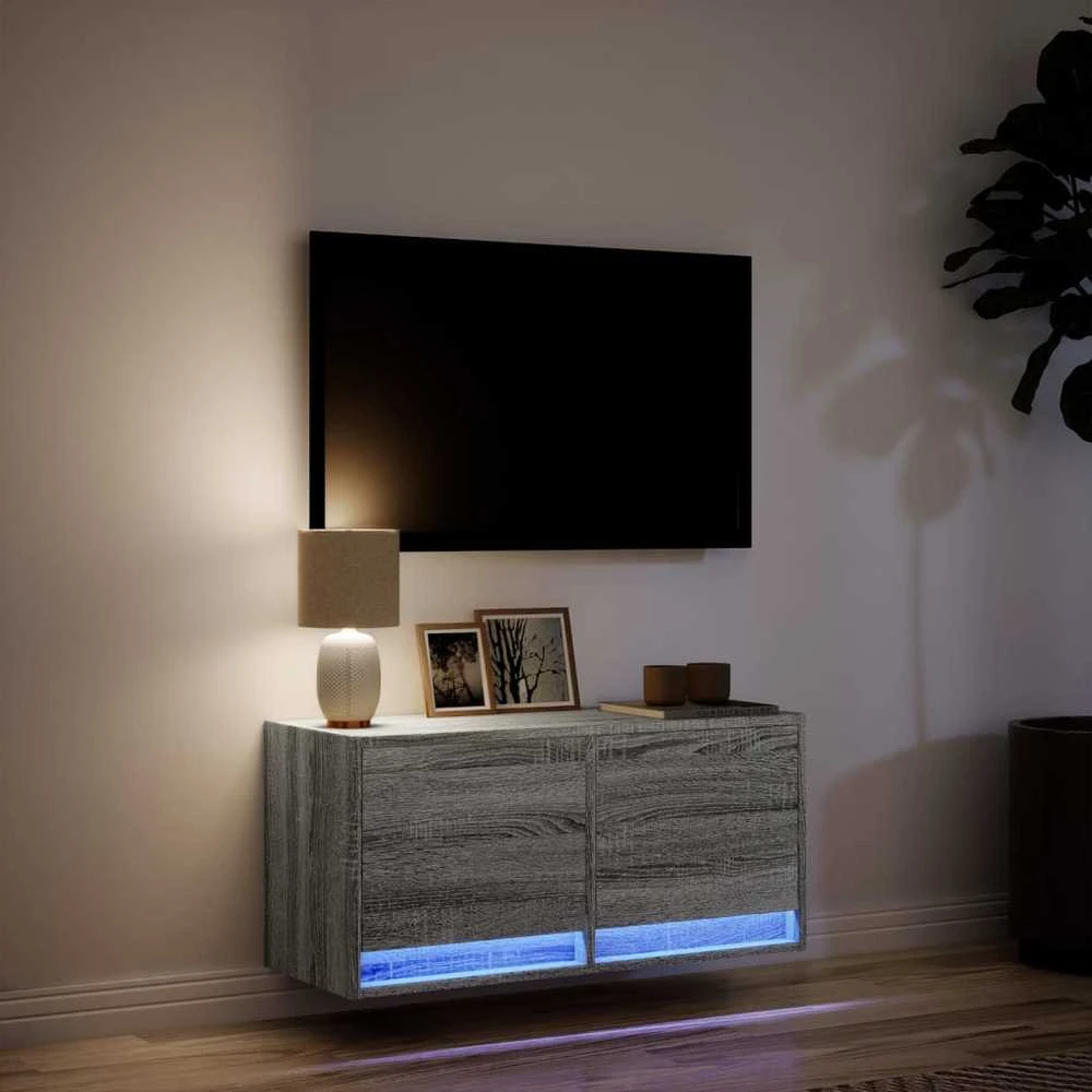 TV staliukas Sieninė TV spintelė su LED lemputėmis, pilka, 80x31x35cm