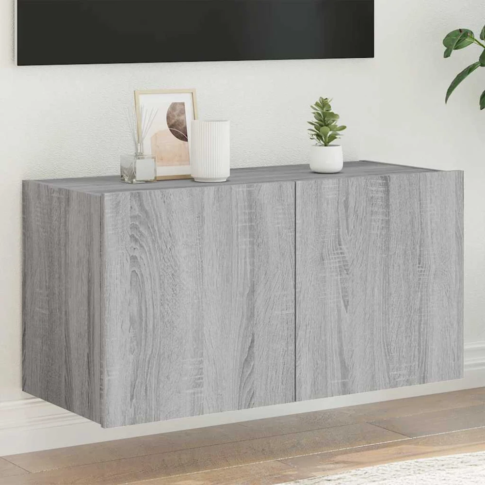 TV staliukas Sieninė TV spintelė su LED lemputėmis, pilka ąžuolo, 80x35x41cm