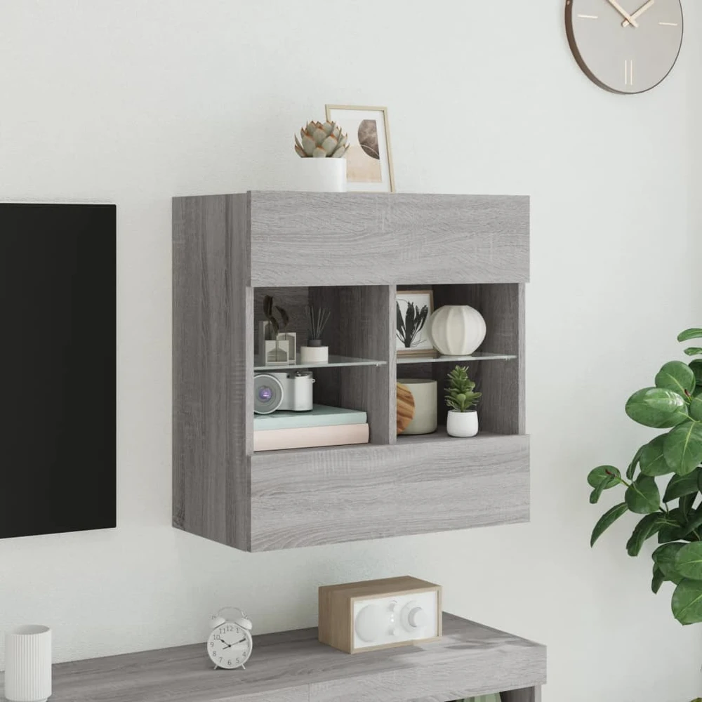 TV staliukas Sieninė TV spintelė su LED lemputėmis, pilka, 58,5x30x60,5cm