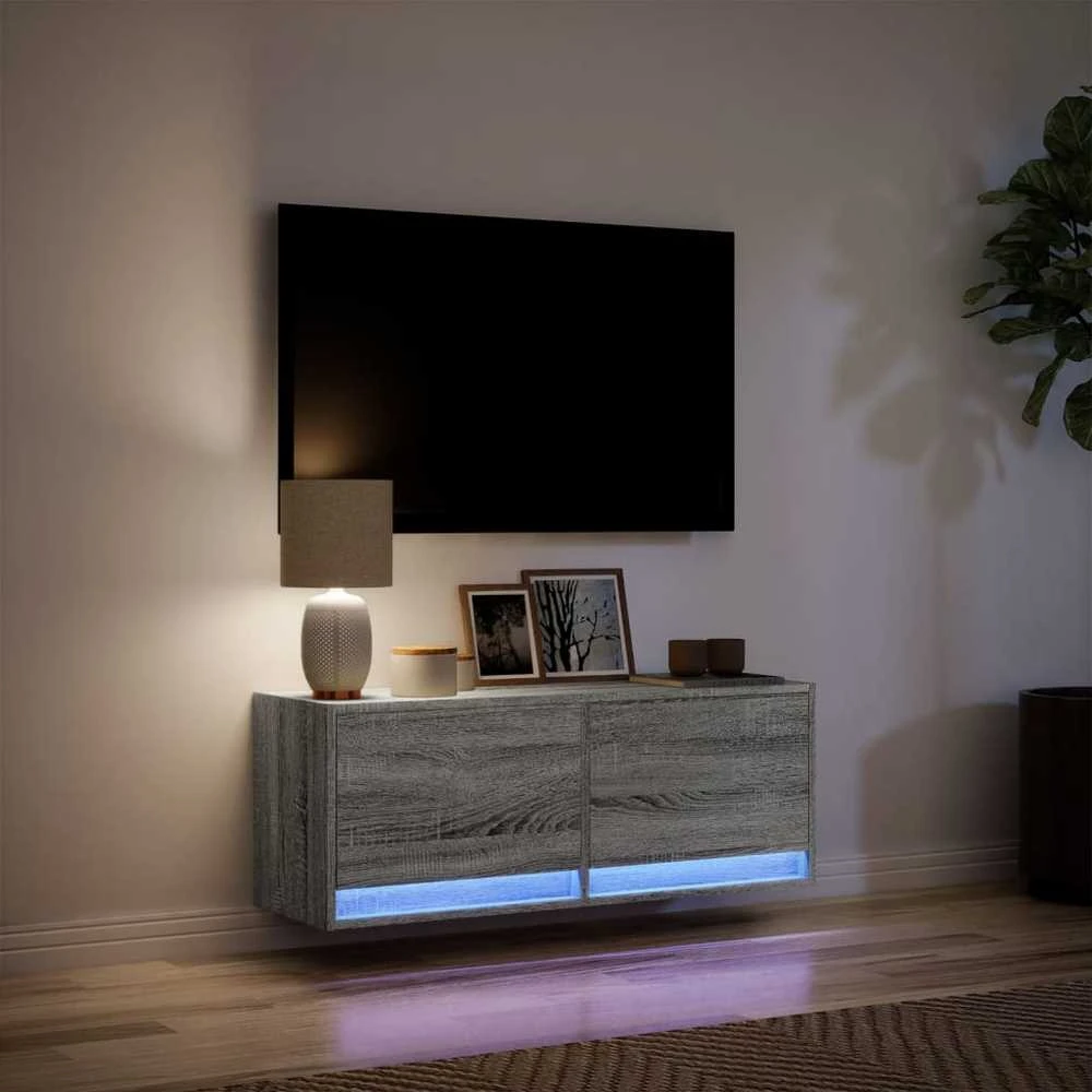 TV staliukas Sieninė TV spintelė su LED lemputėmis, pilka, 100x31x35cm