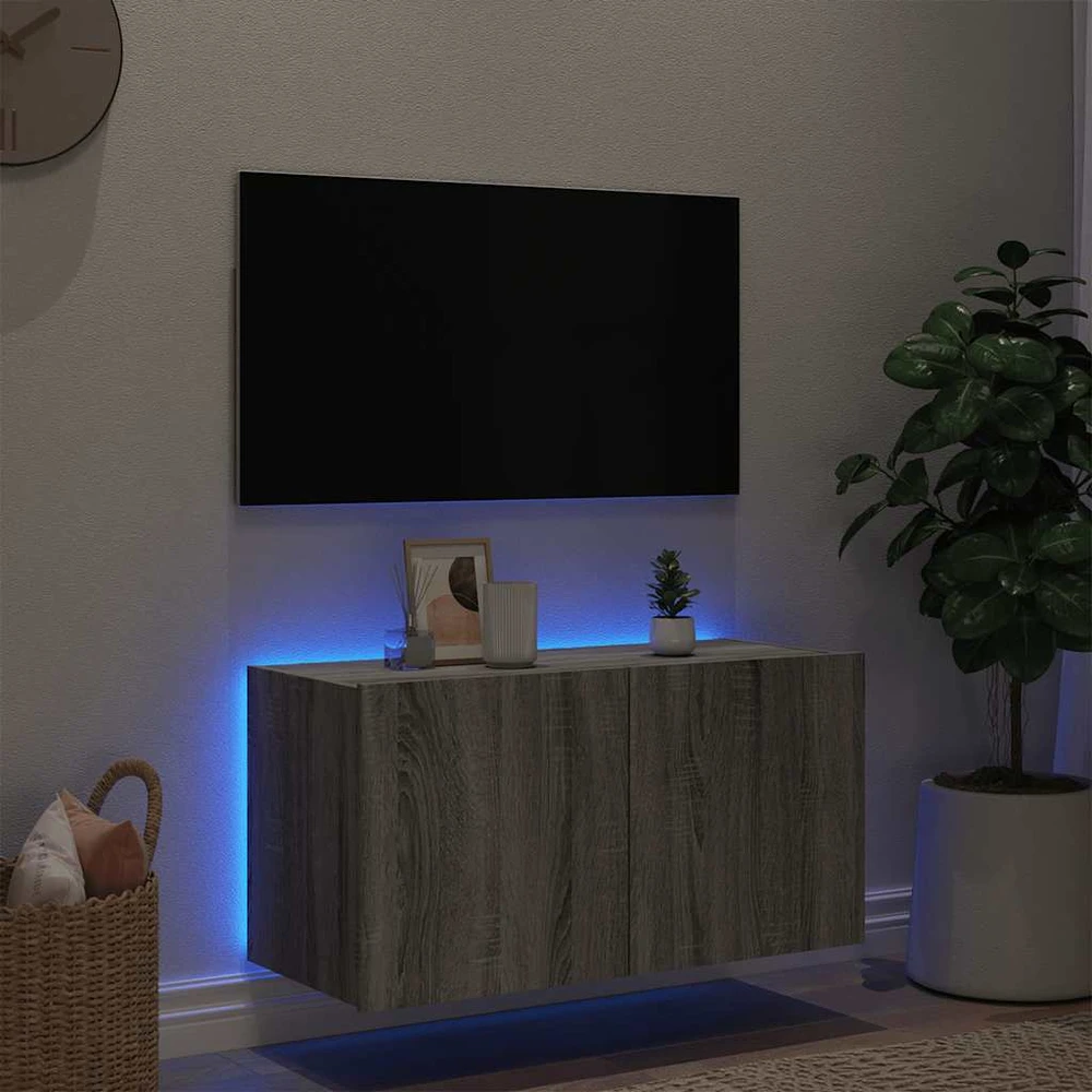 TV staliukas Sieninė TV spintelė su LED lemputėmis, pilka ąžuolo, 80x35x41cm