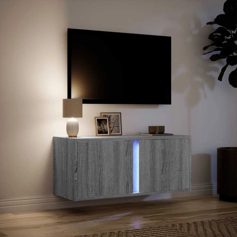 TV staliukas Sieninė TV spintelė su LED lemputėmis, pilka, 80x31x35cm