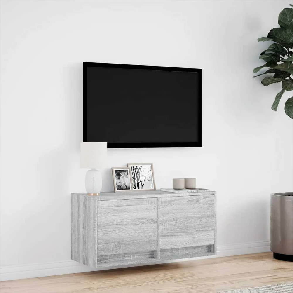 TV staliukas Sieninė TV spintelė su LED lemputėmis, pilka, 80x31x35cm