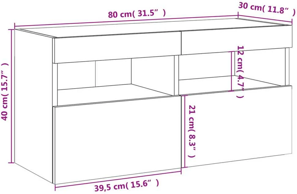 TV staliukas Sieninė TV spintelė su LED lemputėmis, pilka ąžuolo, 80x30x40cm