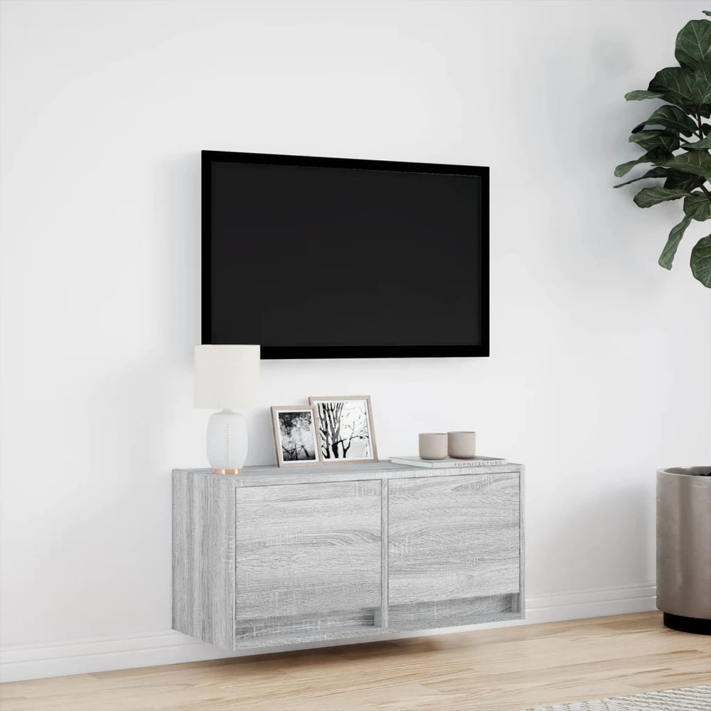 TV staliukas Sieninė TV spintelė su LED lemputėmis, pilka, 80x31x35cm
