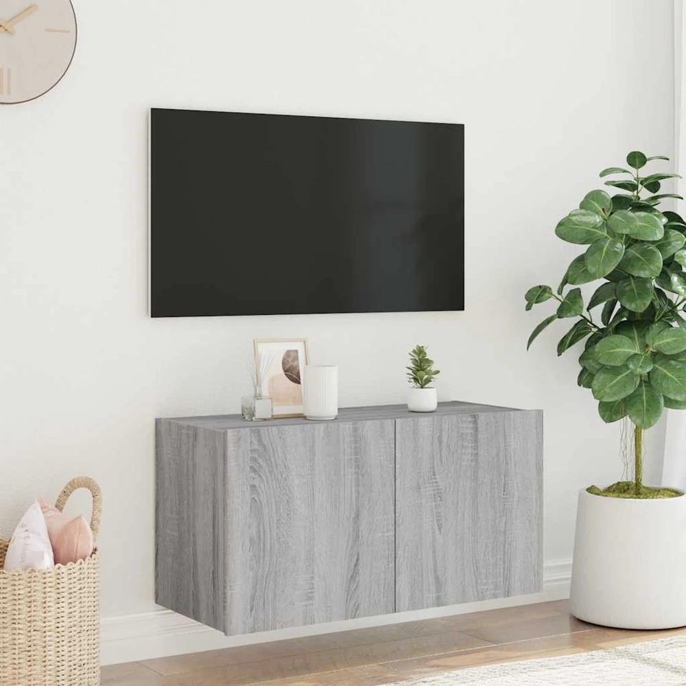 TV staliukas Sieninė TV spintelė su LED lemputėmis, pilka ąžuolo, 80x35x41cm
