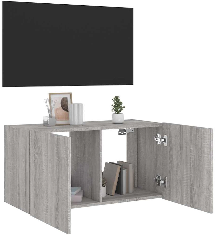 TV staliukas Sieninė TV spintelė su LED lemputėmis, pilka ąžuolo, 80x35x41cm