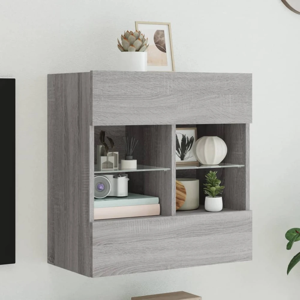 TV staliukas Sieninė TV spintelė su LED lemputėmis, pilka, 58,5x30x60,5cm