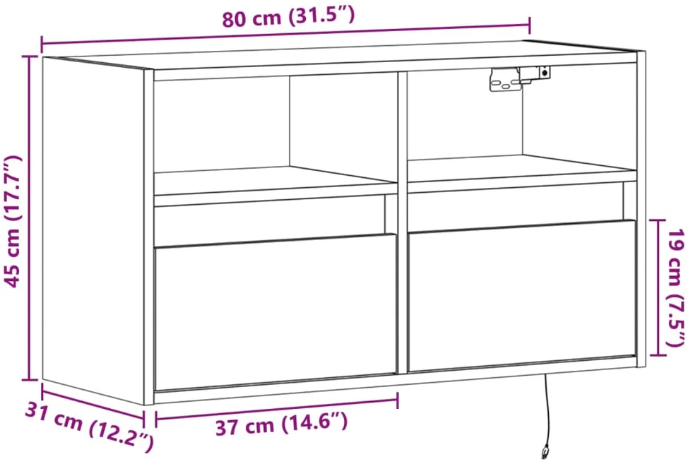 TV staliukas Sieninė TV spintelė su LED lemputėmis, pilka ąžuolo, 80x31x45cm