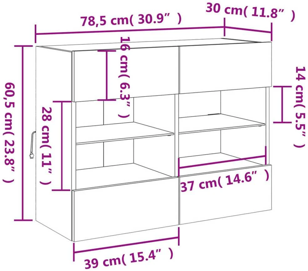 TV staliukas Sieninė TV spintelė su LED lemputėmis, ruda, 78,5x30x60,5cm