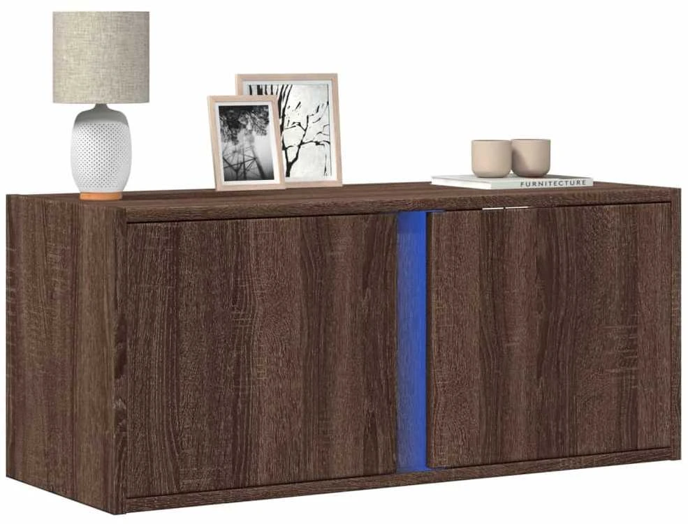 TV staliukas Sieninė TV spintelė su LED lemputėmis, ruda ąžuolo, 80x31x35cm