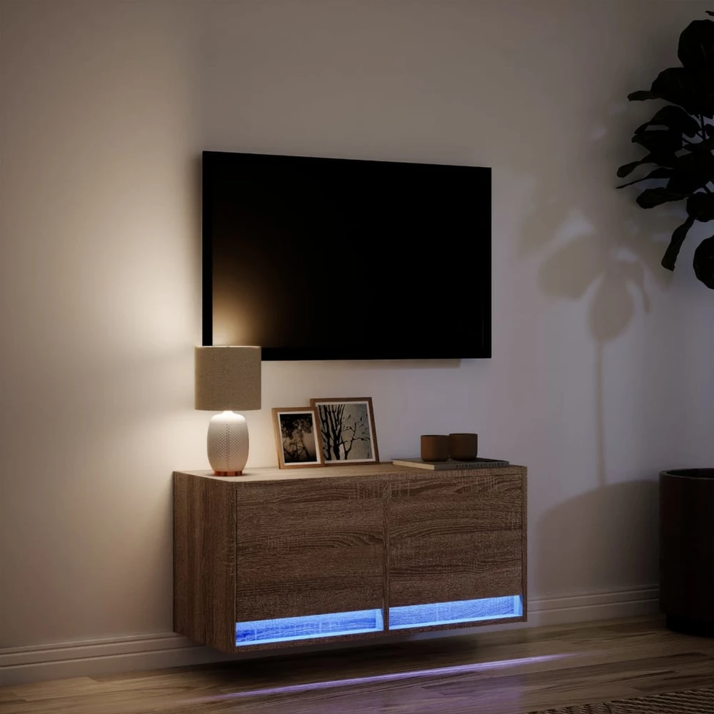 TV staliukas Sieninė TV spintelė su LED lemputėmis, ruda ąžuolo, 80x31x35cm