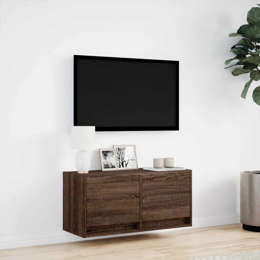 TV staliukas Sieninė TV spintelė su LED lemputėmis, ruda ąžuolo, 80x31x35cm