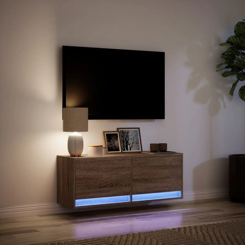 TV staliukas Sieninė TV spintelė su LED lemputėmis, ruda ąžuolo, 100x31x35cm