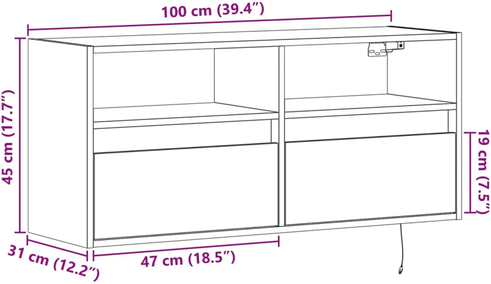 TV staliukas Sieninė TV spintelė su LED lemputėmis, ruda ąžuolo, 100x31x45cm