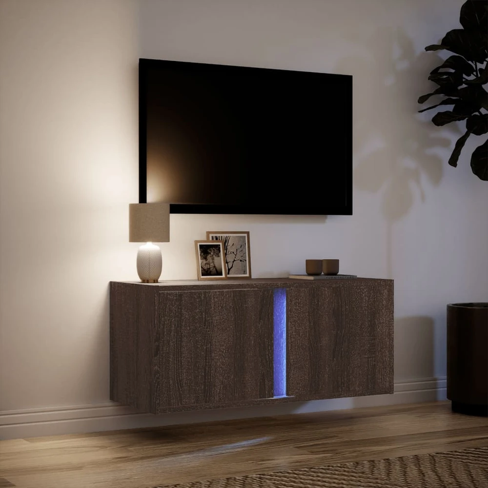 TV staliukas Sieninė TV spintelė su LED lemputėmis, ruda ąžuolo, 80x31x35cm