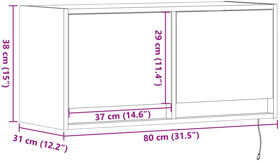 TV staliukas Sieninė TV spintelė su LED lemputėmis, ruda ąžuolo, 80x31x35cm
