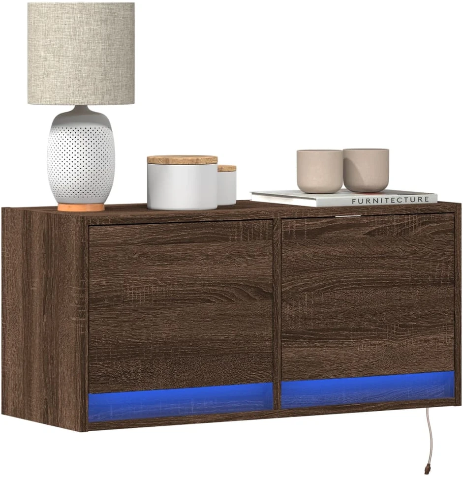 TV staliukas Sieninė TV spintelė su LED lemputėmis, ruda ąžuolo, 80x31x35cm