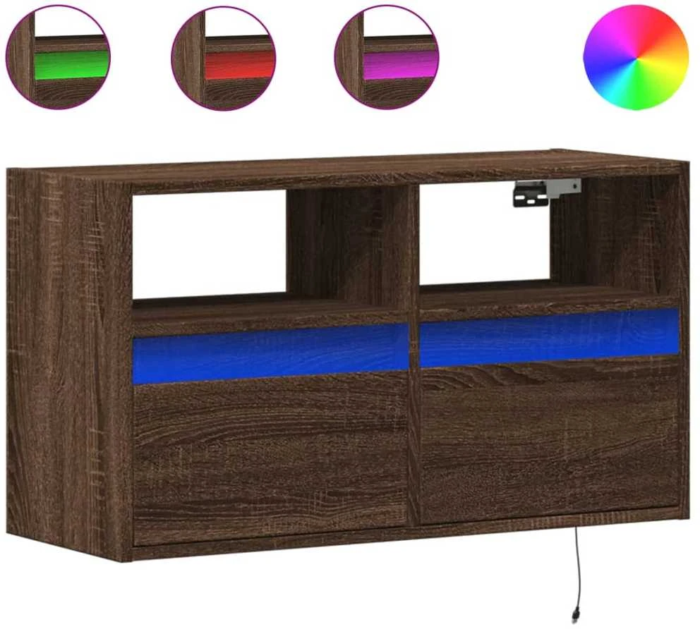 TV staliukas Sieninė TV spintelė su LED lemputėmis, ruda ąžuolo, 80x31x45cm