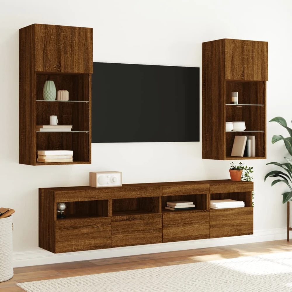TV staliukas Sieninė TV spintelė su LED lemputėmis, ruda ąžuolo, 40x30x40cm