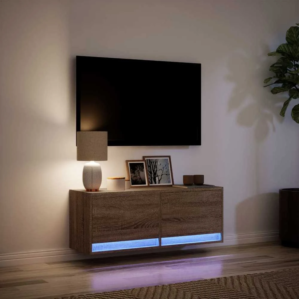 TV staliukas Sieninė TV spintelė su LED lemputėmis, ruda ąžuolo, 100x31x35cm