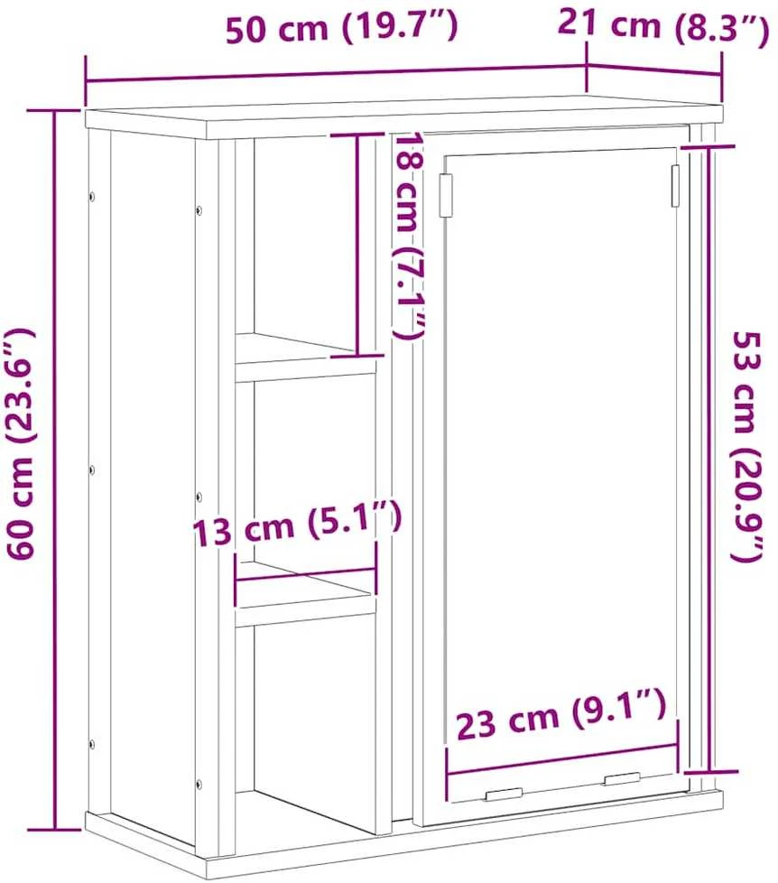 sieninė vonios spintelė su veidrodžiu juodas ąžuolas 50x21x60cm