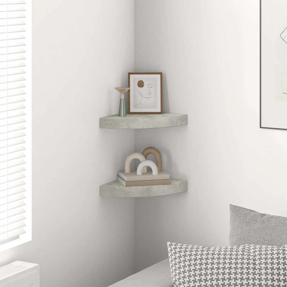 Sieninės kampinės lentynos, 2vnt., pilkos, 25x25x3,8cm, MDF